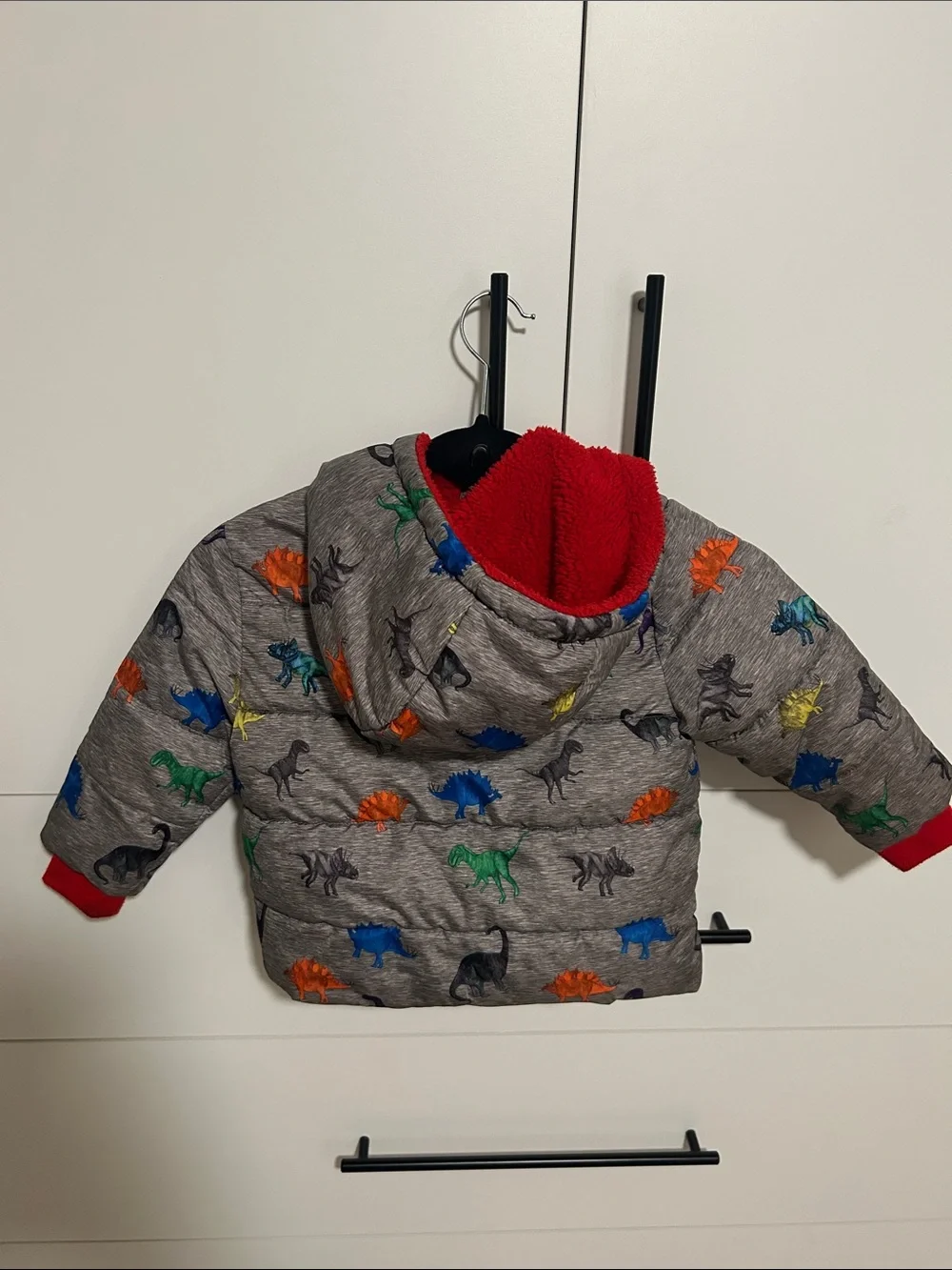 Swiss Tech Grey Puffer Jacket with Colorful Dinosaur Print